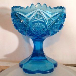 Kemple Wheaton Bright Blue Glass Candy Pedestal Dish 1960s